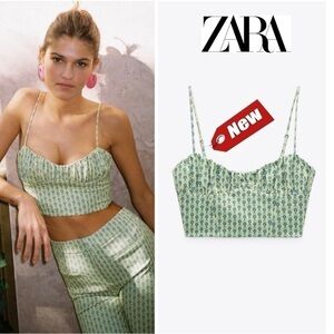 Zara mint green printed corset spaghetti strap crop top Sz S NWT